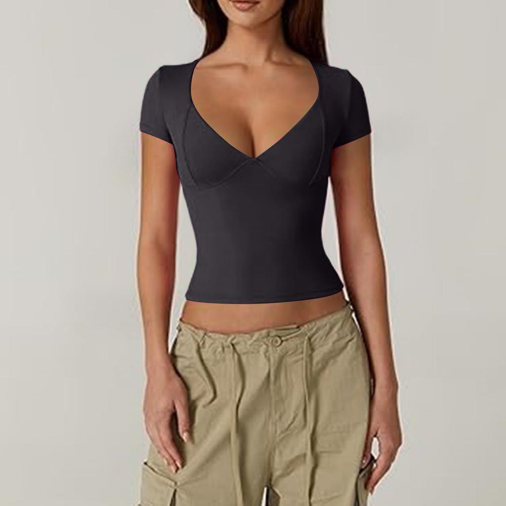 Women's Top Slim Fitting T-Shirt V-Neck Top With Bottom Short Sleeved Sexy Solor Top T-shirt