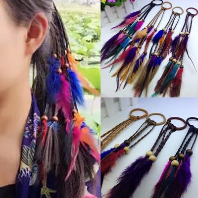 Folk Style Feather Headdress Hair Pigtail Hair Ring Elastic Leather Rope 4 Pigtail