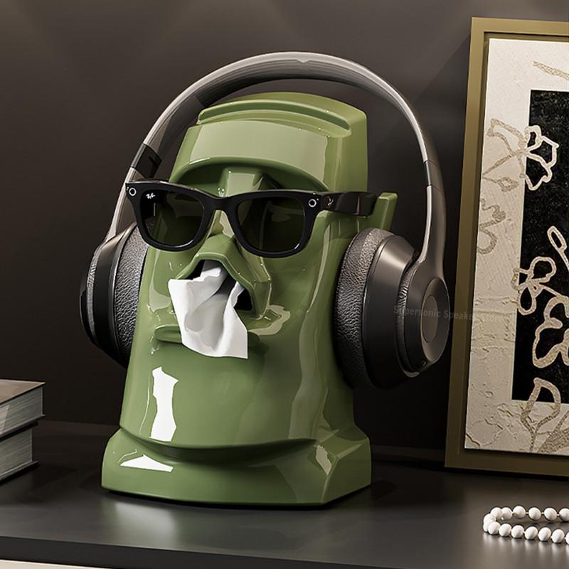 Boîte à mouchoirs 3 en 1 Sculpture de pierre froide Support pour casque Bluetooth Décoration de salon Support d'exposition pour casque