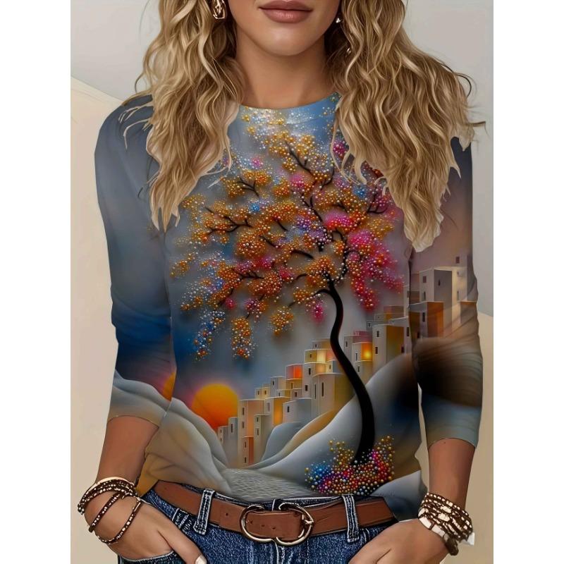 Artistic Landscape Painting Pattern, Slim Fit, Casual Round Neck, Long Sleeves, Everyday Creative Oil Painting Design Pattern.