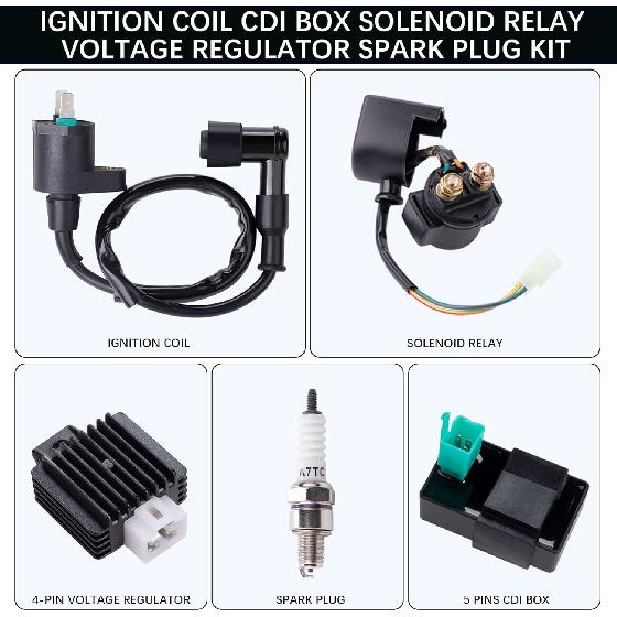 Ignition Coil 5-PIN CDI Box Solenoid 4-PIN Relay Voltage Regulator Spark Plug Kit For 50Cc 70Cc 90Cc 110Cc 125Cc ATV Chinese Go Kart Dirt Bike Pit