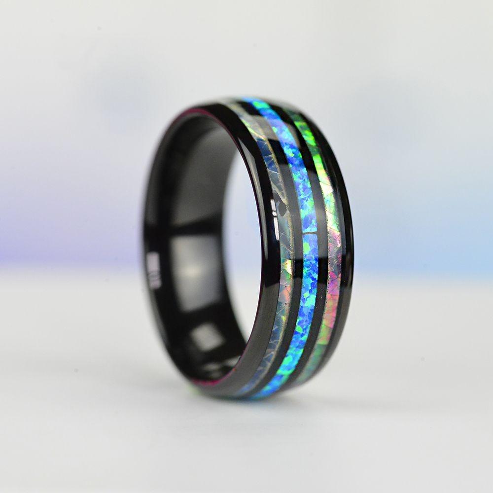 Fashion 8mm Silver Color Stainless Steel Ring For Men Fashion Abalone Shell Inlay Ring Men's Wedding Band Accessories