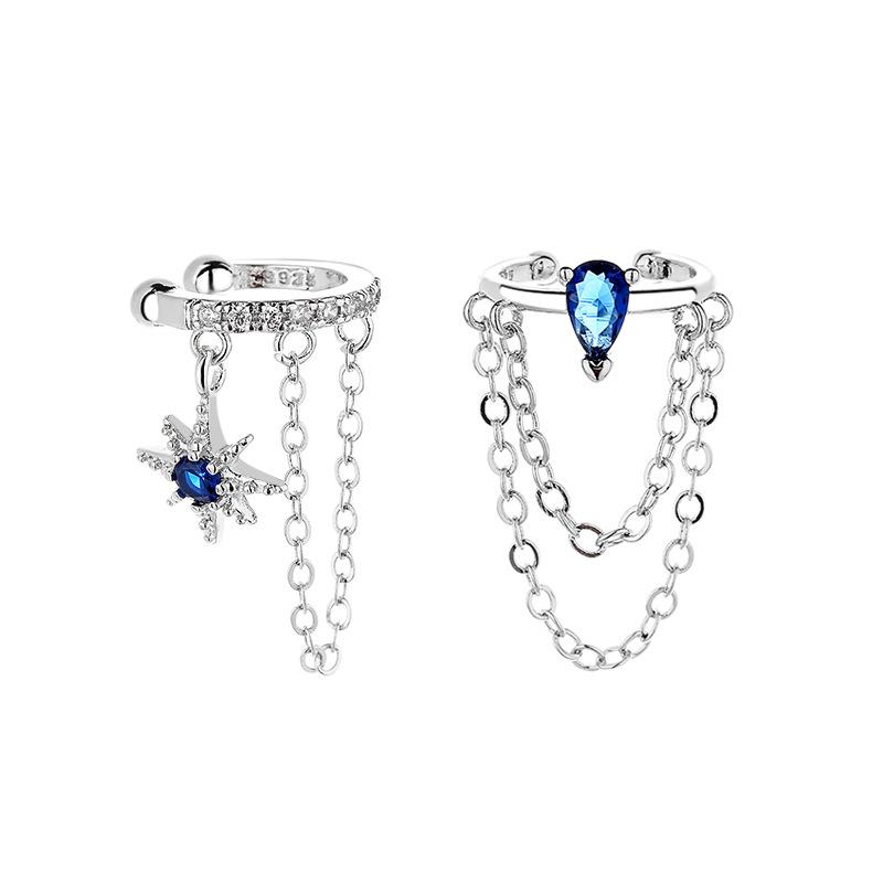 

CIAXY Silver Color Asymmetric Double Chain Earrings for Women Blue Water Drop Star CZ Ear Cuff Fake Earring Fashion Jewelry