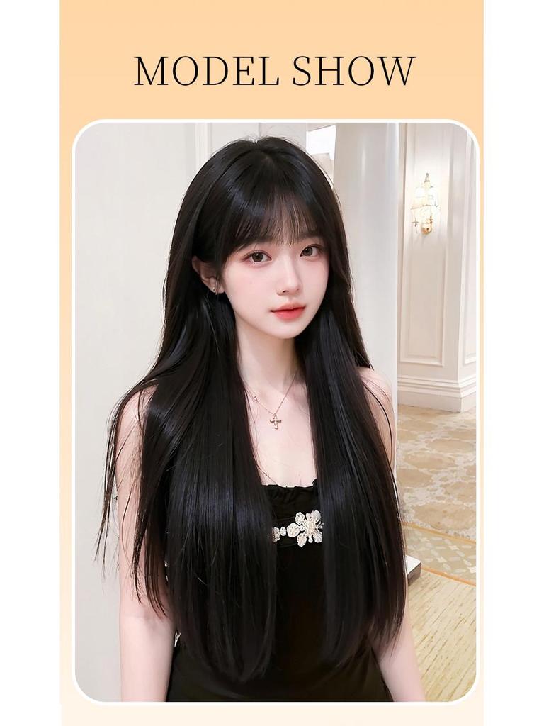 Women's Full Head Wig with Air Bangs - Black Long Straight Synthetic Hair, Fluffy and Natural for Daily Use.