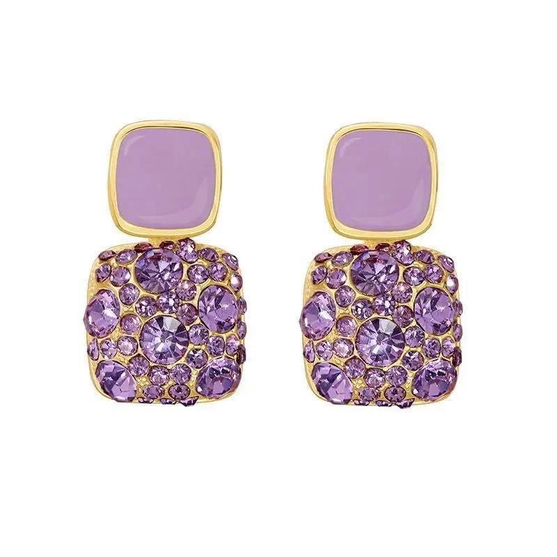 Enamel Pink Zircon Crystal Double Square Drop Earrings for Women Korean Style Geometry Zircon Trend Creative Accessories