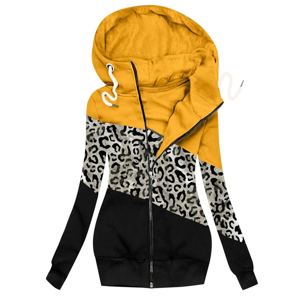 Women Winter Casual Leopard Prints Jacket Zipper Sweatshirt Long Sleeve Coat