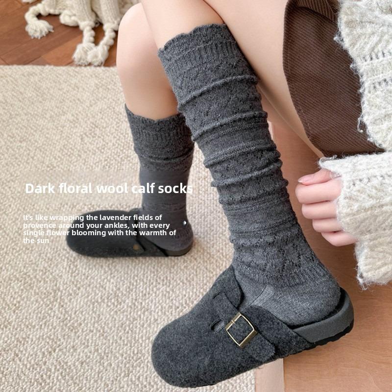 Sock Children - Warm Woolen Heavy-duty Retro Relief-punched Knitted Calf-length Socks That Slim The Legs and Keep Warm. Long Pile-up Socks.