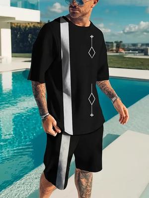 Conjunto de 2 piezas de verano para hombre Estampado de bloques de color 3D Camiseta de manga corta Pantalones cortos Conjuntos Ropa de exterior para hombre Chándal