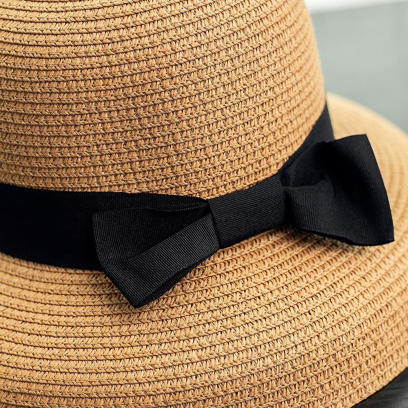 Black Ribbon Bowknot Straw Hat Classic Solid Color Sun Hats Elegant Summer Travel Beach Hats for Women Daily Use