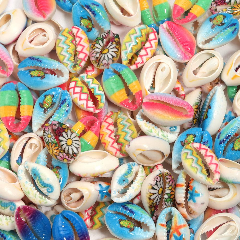 5pcs Fun Creativity Beach Style Retro Random Color Mix Painted Print Shell Beads Jewelry Charm Making DIY Fashion Accessories