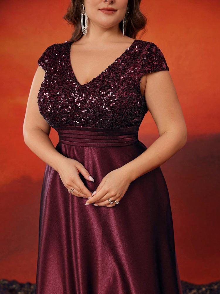 Elegant V-Neck Sequin Evening Gown - Satin A-Line Long Dress for Women