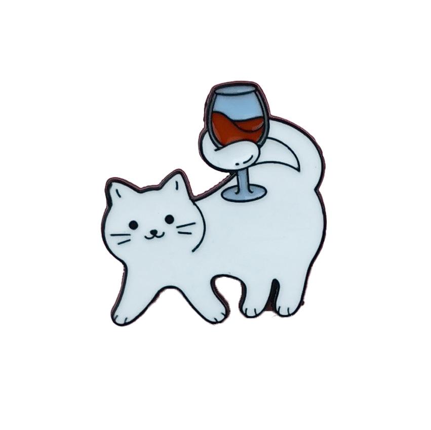 Adorable White Cat Drinking Alcohol Brooch - Cartoon Badge for Backpacks and Accessories