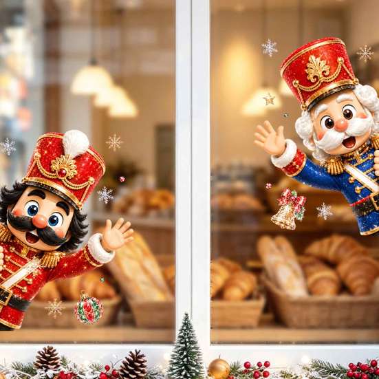 Festive Glass Ornament Christmas Static Window Clings, Removable Decals, Snowman Santa Reindeer Nutcracker Transparent Decorative Stickers with