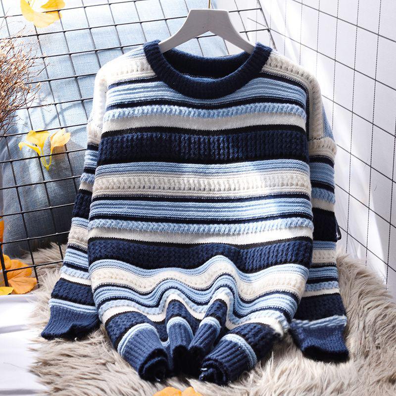 Stripete genser Genser Dame 2023 Uformell Høst/Vinter Koreansk Løsstrikket Langermet O-hals Genser Dame Topp