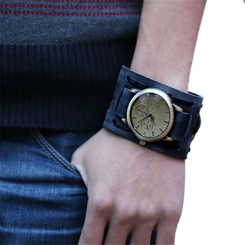 ZooooM Leather Wristband Watch, Faux Leather, Men's, Fashionable, Casual, Analog, Vintage Style (Black) ZM-LEZBANTOKE-BK