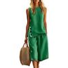 Women Sleeveless Button Decor Top with Side Slits and Mid-Length Loose Fit Pants Two-Piece Set Casual Summer Outfit Linen Blend