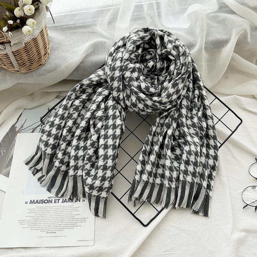 Imitation Cashmere Houndstooth Scarf for Women in Autumn and Winter Versatile Tassels and Skin Friendly New Plaid Scarf Thickened Shawl