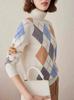 Women's Retro High Collar Wool Sweater with Diamond Plaid Knit Jacquard
