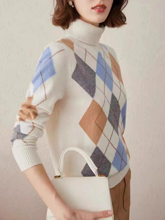 Women's Retro High Collar Wool Sweater with Diamond Plaid Knit Jacquard