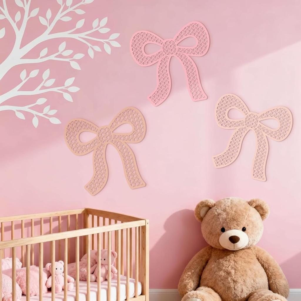 3 Pcs Boho Bow Wall Decor Pink Bow Nursery Decoration Coquette Room Decor Wooden Woven Macrame Wall Hanging Pink Preppy Decoration for Nursery Dorm