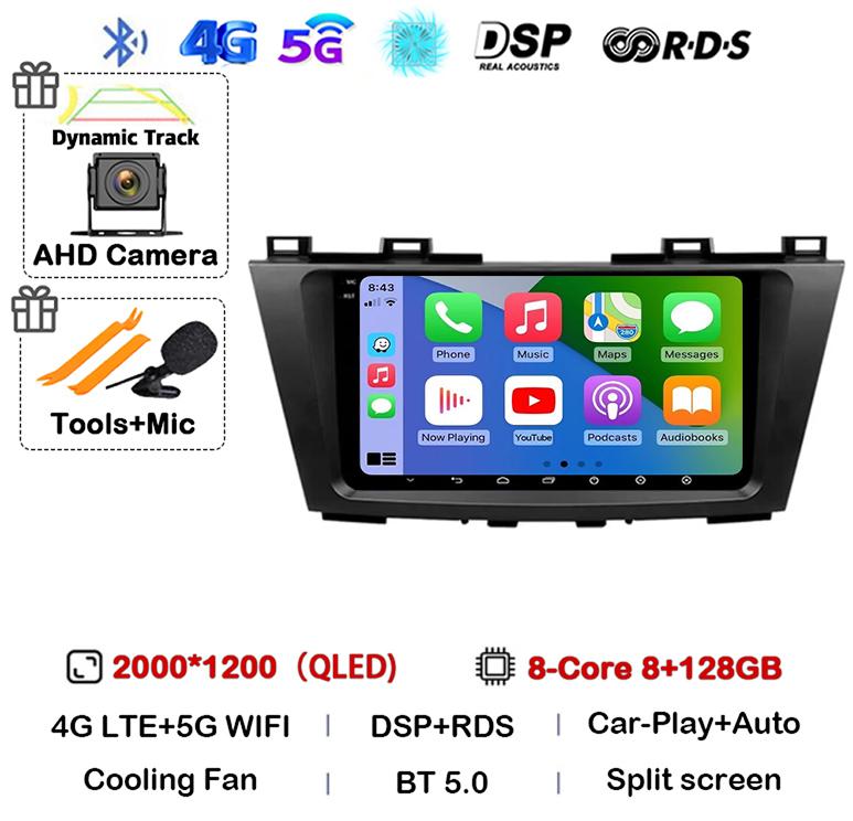 Android 14 Carplay Auto For Mazda 5 CW 2010 2011 2012 2013 2014 2015 Multimedia Car Radio Navigation Player Video WIFI+4G DSP