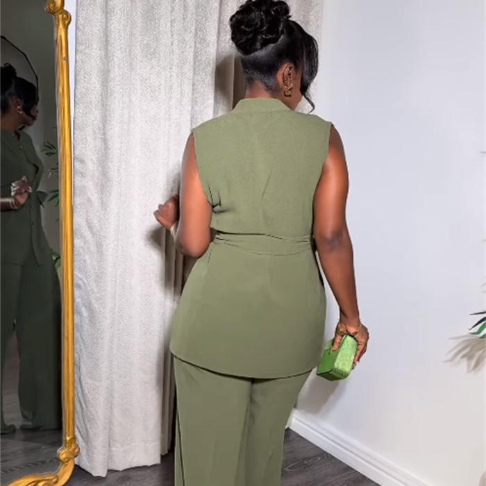 Costum cu pantaloni largi de vară pentru femei, cu guler în picioare, fără mâneci, în talie