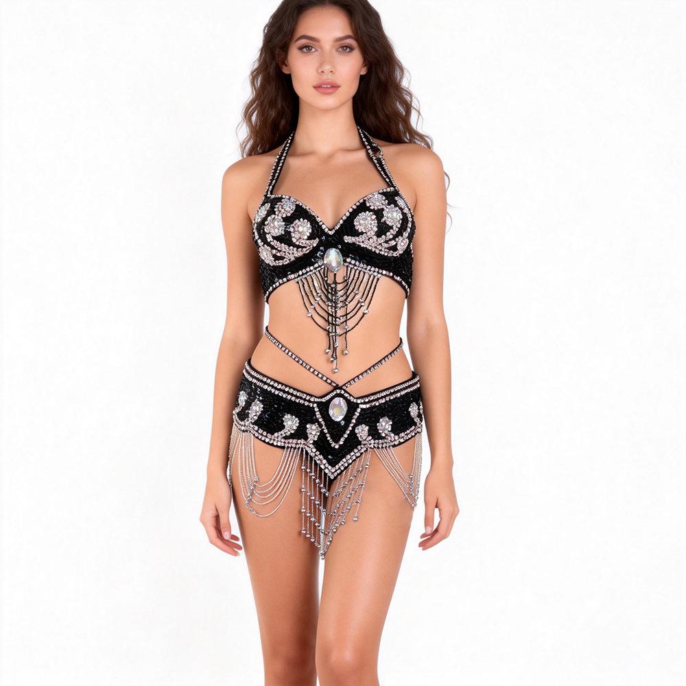 Handmade Beaded Belly Dance Costume Set - Bra & Waistband for Stage or Nightclub