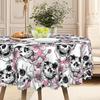 1 Gothic Skull Tablecloth - Pink Flowers With Skull, Complex Skull Pattern, Polyester Fabric.