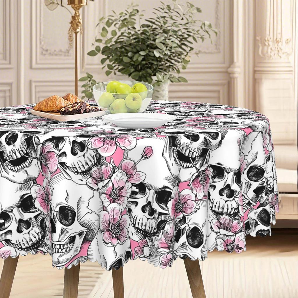 1 Gothic Skull Tablecloth - Pink Flowers With Skull, Complex Skull Pattern, Polyester Fabric.
