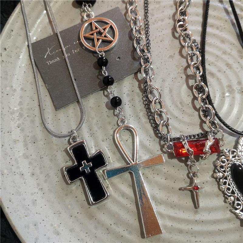 Gothic Y2K Punk Red Butterfly Black Heart Cross Pendent Chain Necklaces For Women Men Halloween Grunge EMO Jewelry Accessories