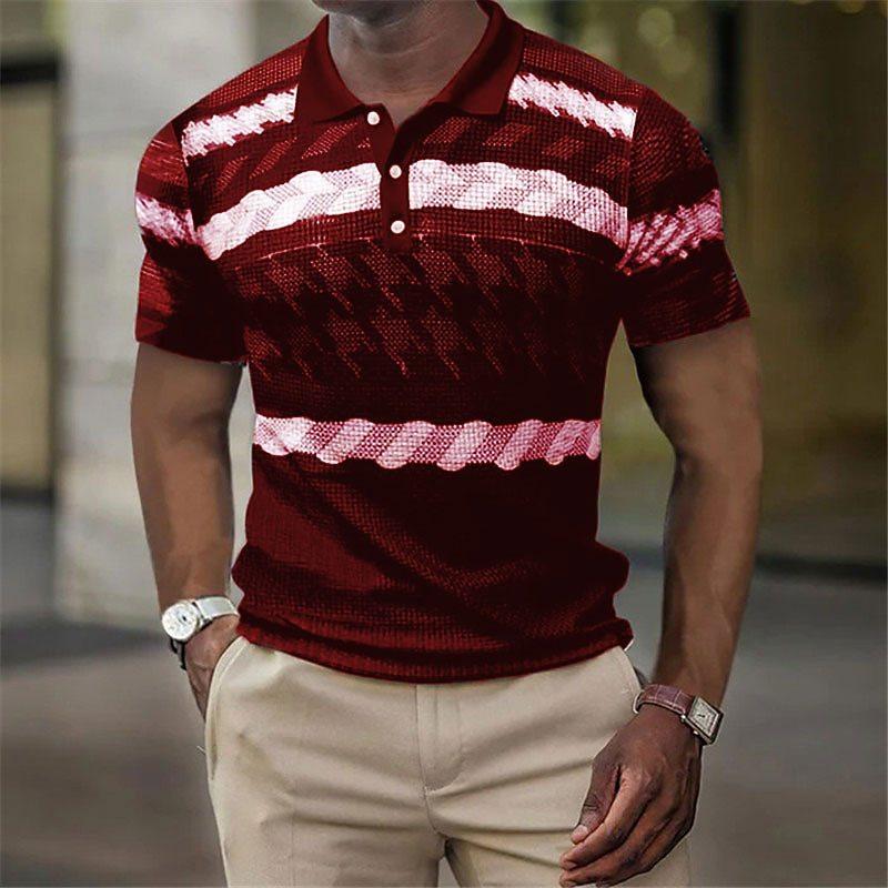 Fashionable Geometric Stripe Pattern 3D Digital Printing Men's Comfortable Polo Shirt