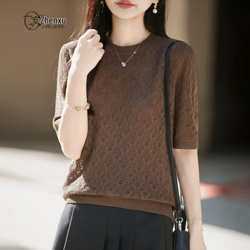 Women s Diamond Hollow-Out Linen Blend T-Shirt M какао коричневый
