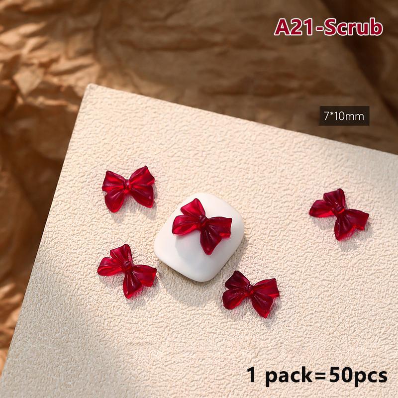 50Pcs French Style Bows Nail Accessories Mixed Size 3D Wine Red Bowknot Nail Charms Kawaii Winter Nail Art Decoration Cute Parts