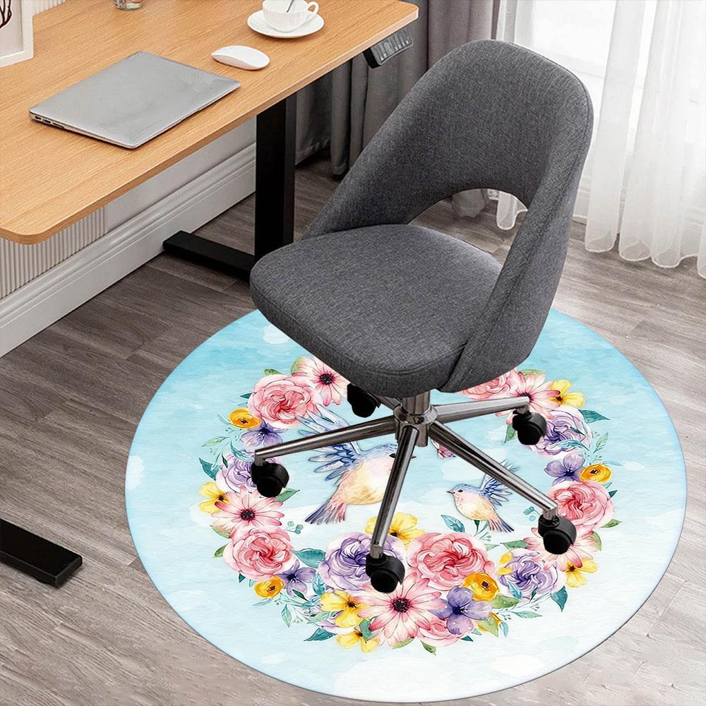 

1pc Floral Wreath Birds Round Chair mat office Area Rug - Non-Slip, Floor Mat for Office, Bedroom, and Indoor Decor p127208 80cm by 80cm