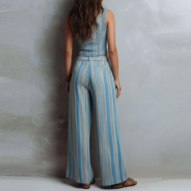 Wind Vertical Stripe Casual Vest Top Wide-leg Pants Set