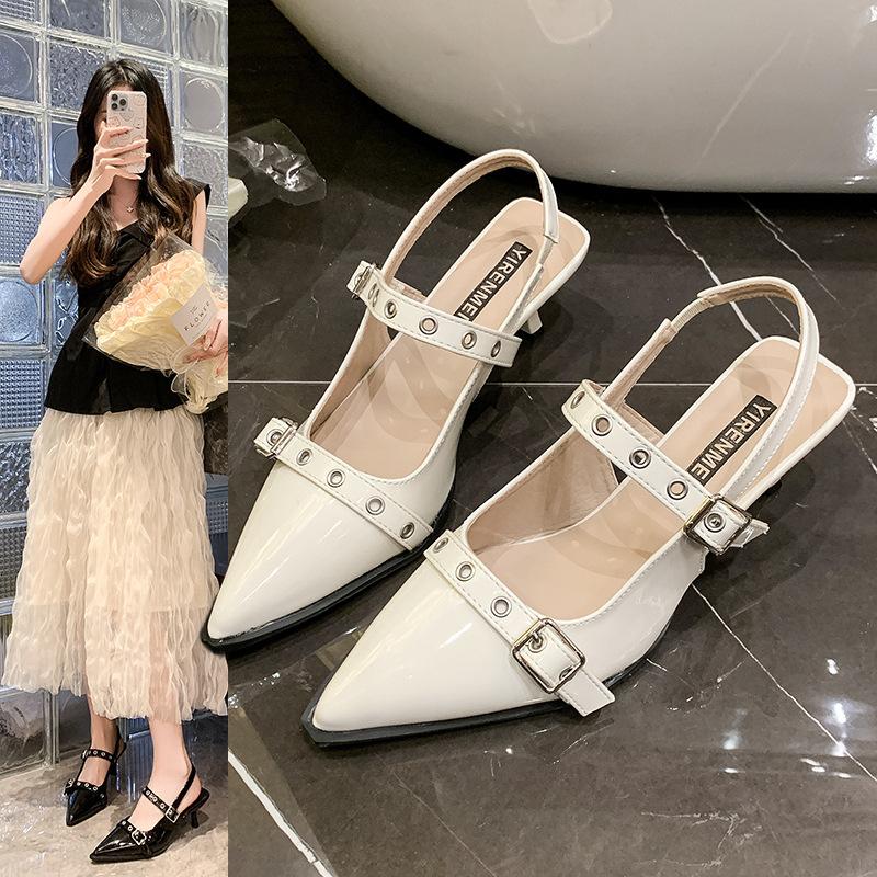 

Женские туфли на высоком каблуке лето 2025 новинка французский носок-мешок с открытой пяткой тонкий каблук острый носок универсальные сандалии женские 35