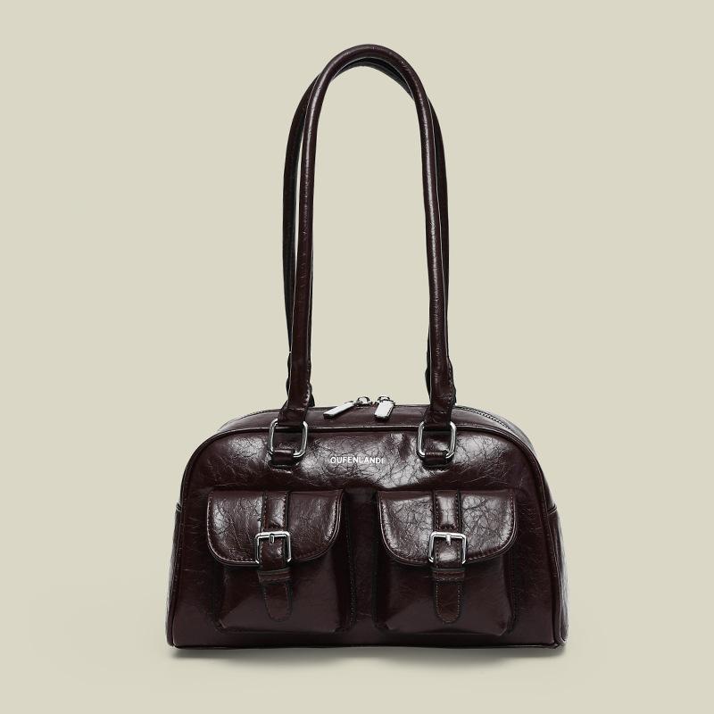 

Oil wax leather double pocket retro design bowling bag fashionable versatile commuter large capacity shoulder armpit small square bag бордовый