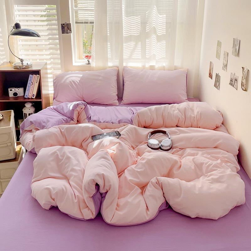 Solid Color Spliced Washed Cotton Bedding Set Moisture Absorbing Breathable Bed Sheet Envelope Pillowcase Dust Proof Mattress Protective Cover