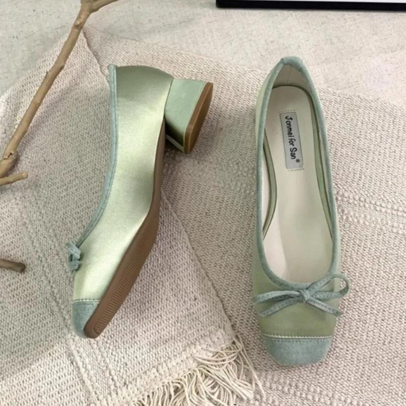 Fashion Women's Single Shoes Spring New Square Head Splicing Butterfly Knot Soft Sole Anti-slip Wear-resistant Low-top Shoes