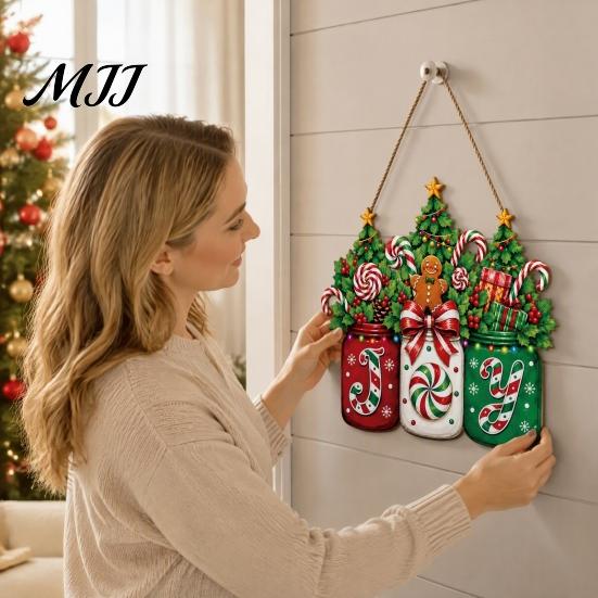 Festive Wall Decoration for Home Christmas Door Sign, Gingerbread Candy Wooden Joy Hanging Wreath, Mason Decor Jar Welcome Sign Front Door,
