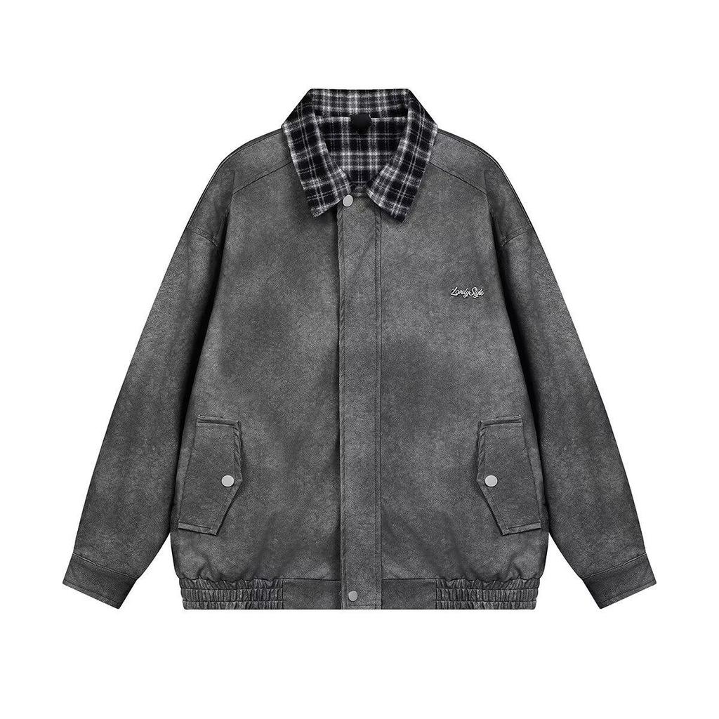 Unisex Retro Karomuster Patchwork Lederjacke - Mellade Street Style Trend