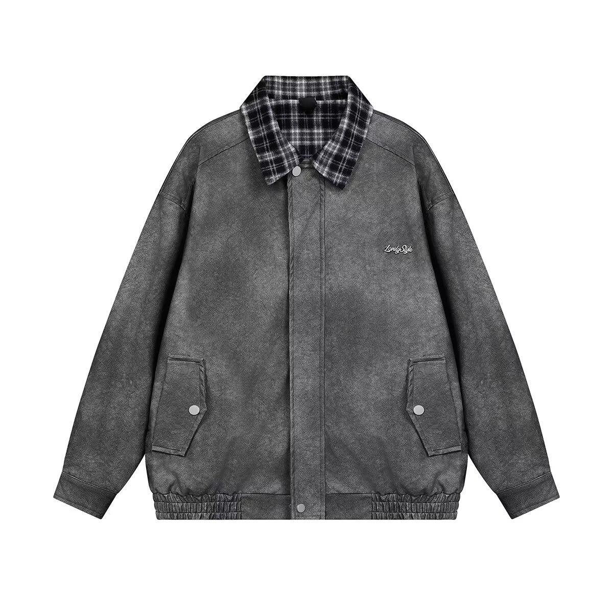 Унисекс ретро клетчатая кожаная куртка в стиле пэчворк - Тренд уличного стиля Mellade M серый