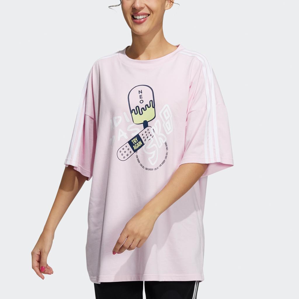 Adidas Neo Cartoon Print Loose-Fit Athletic T-Shirt Women Tops Pink H61997