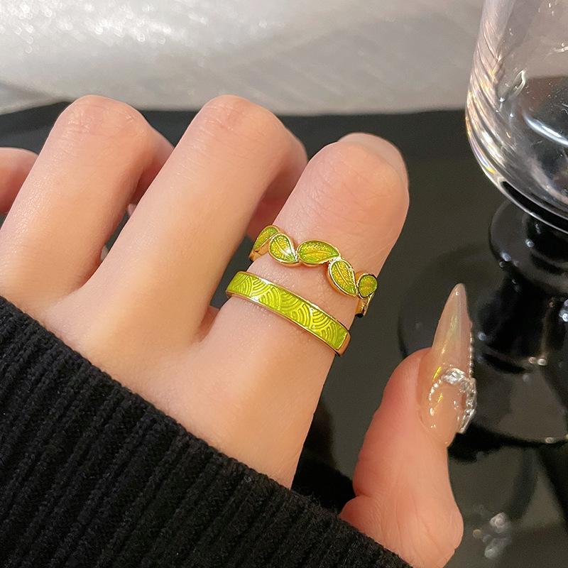 Golden Branch Jade Leaf Enamel Gold Open Ring Women'S Personality Fashion High Sense Stripe Niche Design Ring