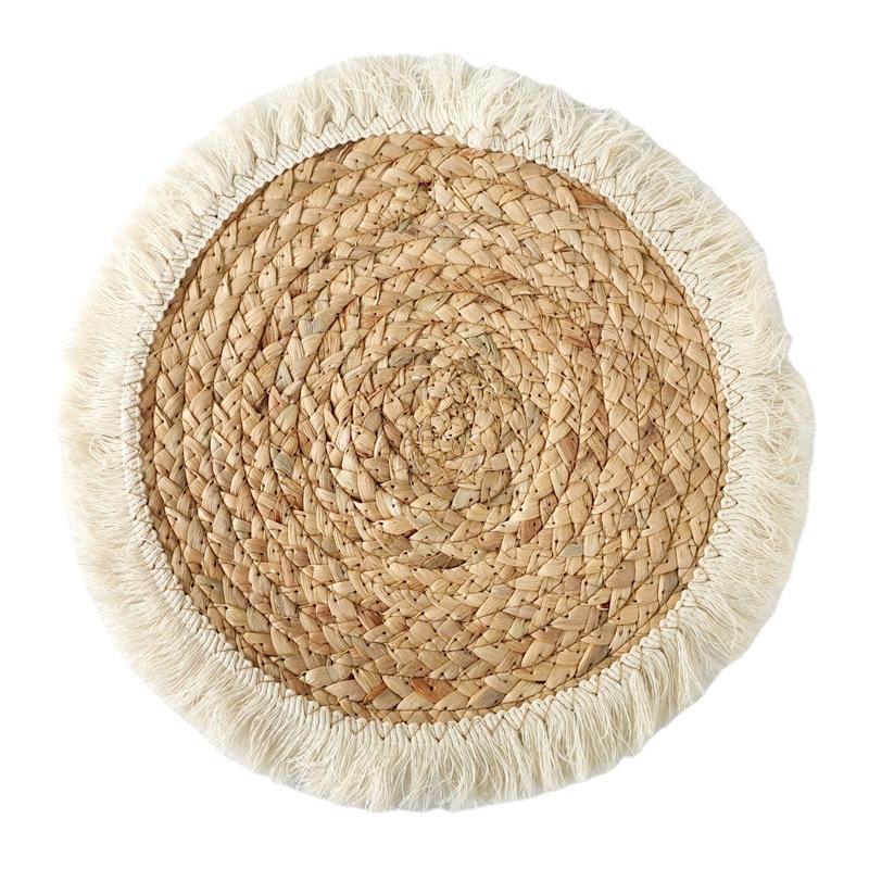 1PC Round straw placemat water hyacinth woven Western restaurant table mat with thickened insulated fringe edge coasters