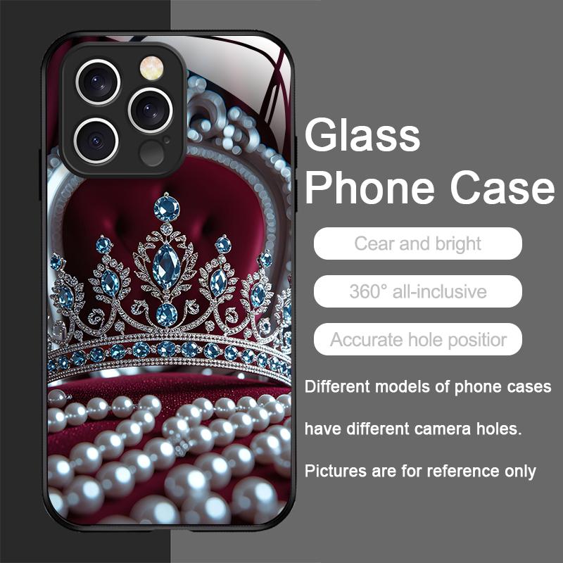 Luxus Kronen Schmuck Blumenmuster Gehärtetes Glas Handyhülle für IPhone 17 16 Pro Max 15 14 13 12 Mini 11 X XS 7 8 14Plus Hülle