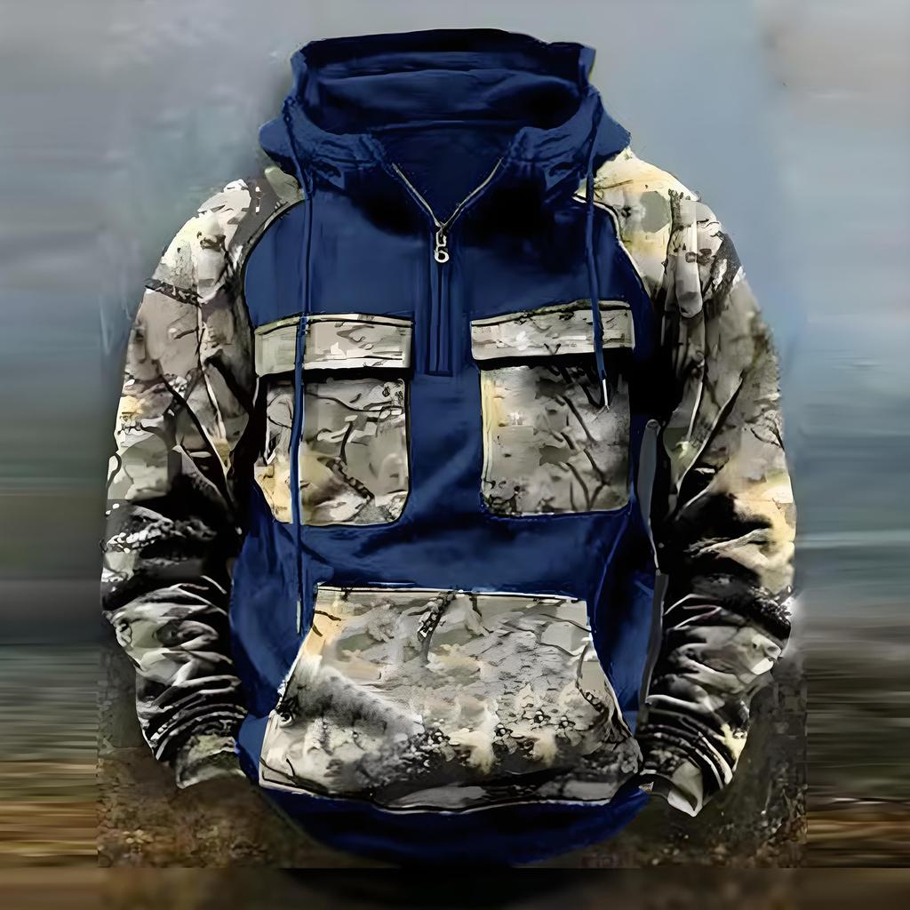 Men  Quater-Zip Pullover Vintage Sweatshirt Casual Long Sleeve Cargo Hoodies With Pocket