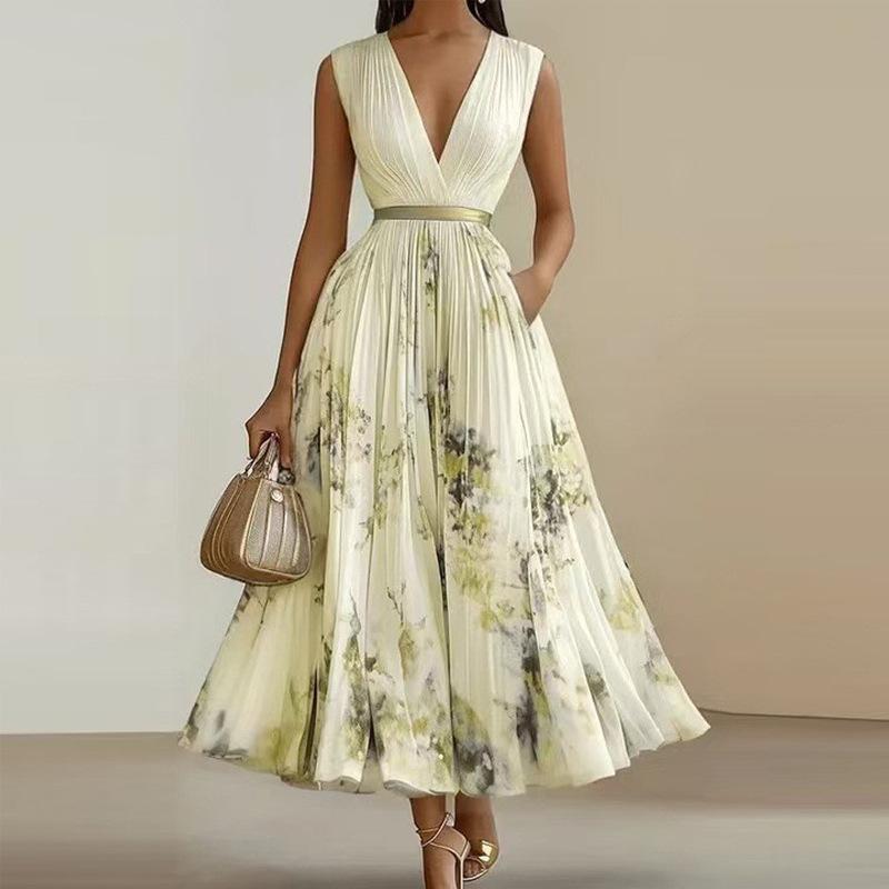 2026 European and American temperament printing deep V waist and thin pendulum sleeveless medium and long dress