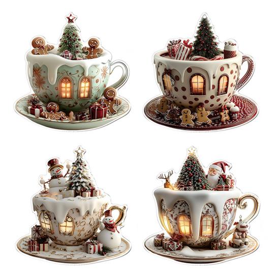 Yousheng 4 Pcs 2D Acrylic Christmas Ornament Cup Shaped Hot Cocoa Hanging Ornaments Snow Village House Xmas Tree Decoration for Tree Car Decor