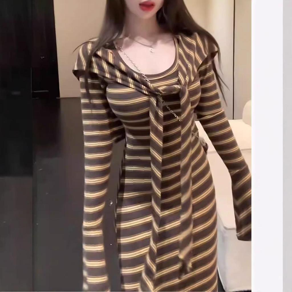 Women's Autumn Retro Stripe Long Sleeve Dress with Shawl - Elegant Waist-Cinched Skirt Set